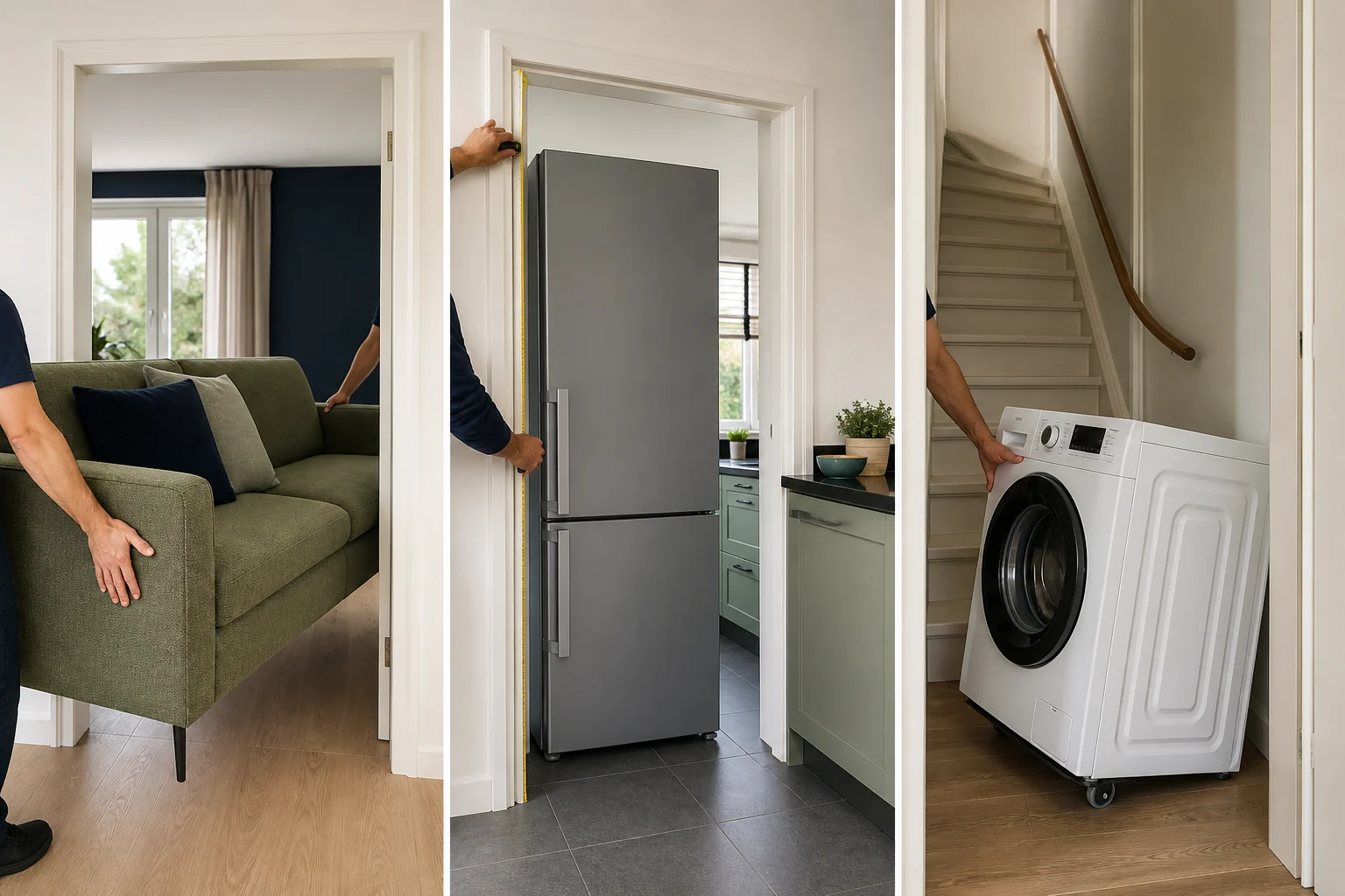 Bank, koelkast en wasmachine bij verschillende doorgangen