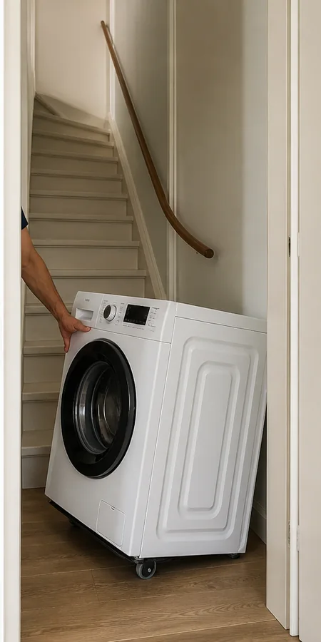 Wasmachine bij een smalle trap